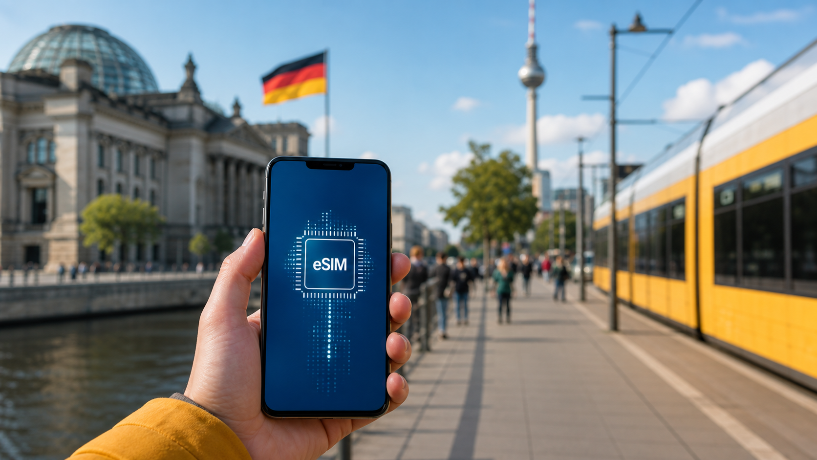 Smartphone mit eSIM auf einer deutschen Stadtstraße mit Bahn im Hintergrund